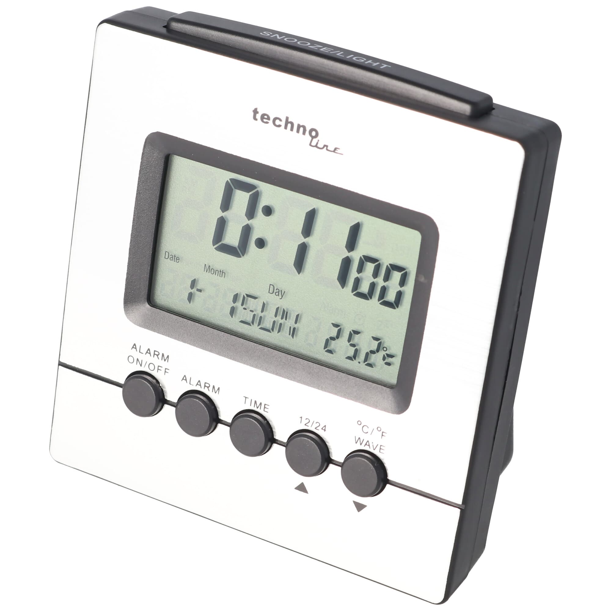 Réveil radiocommandé, couleur aluminium-noir, dimensions 77x77mm, livraison sans piles