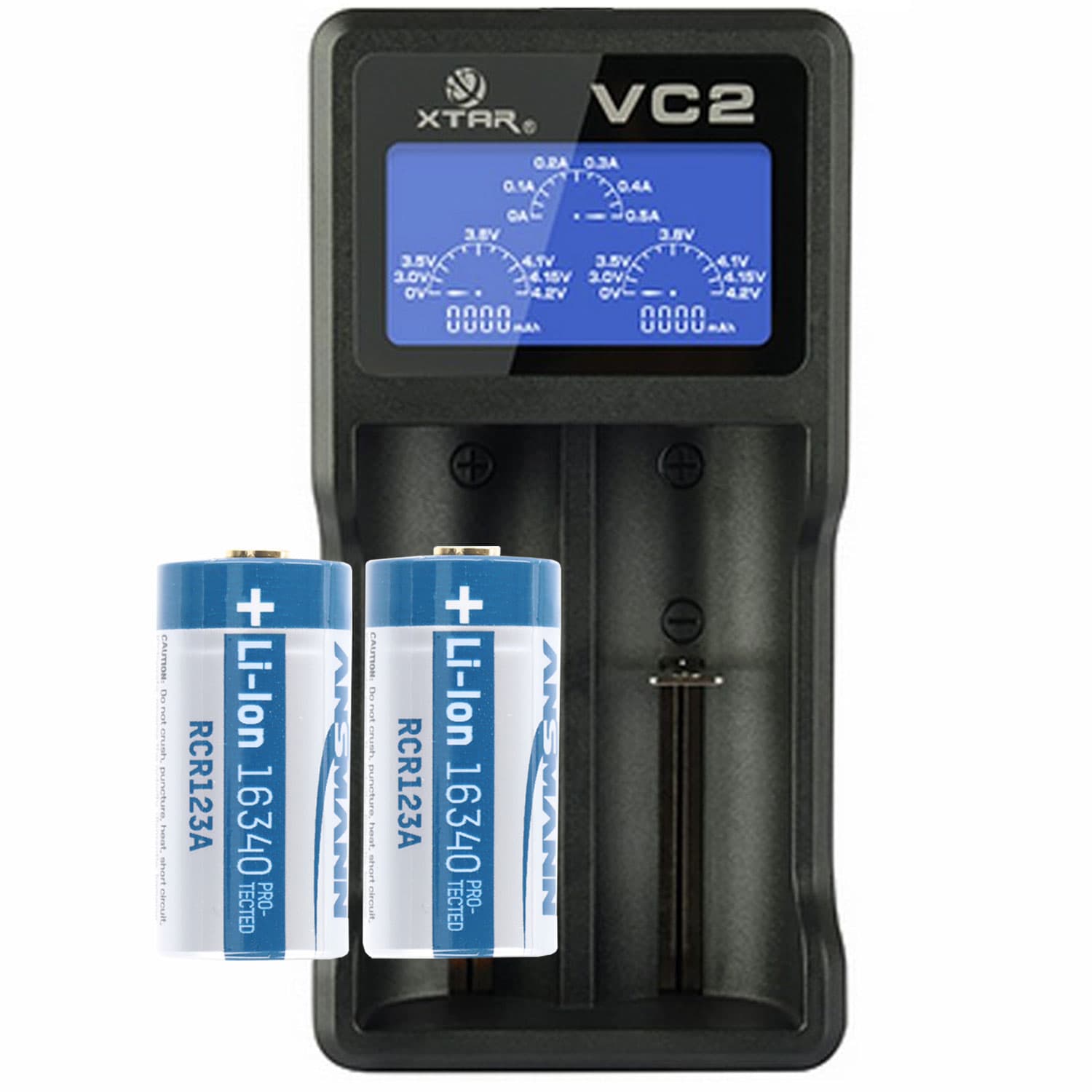 Batterie Li-ion CR123A 2 pièces avec jusqu'à 760 mAh et chargeur USB avec grand écran, avec courant de charge jusqu'à 0,5 Ah